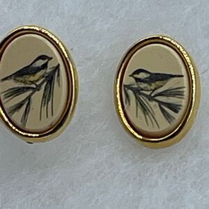 Vintage Barlow scrimshaw Chickadee on pine branch pierced earrings.
